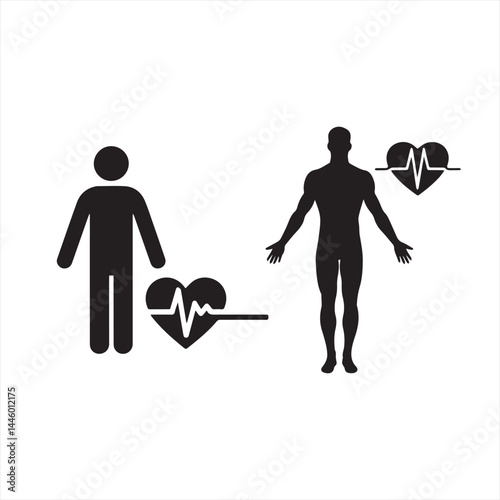 vector illustration of a human silhouette, there is a heart shape with a white ECG line running through it, symbolizing health and wellness
