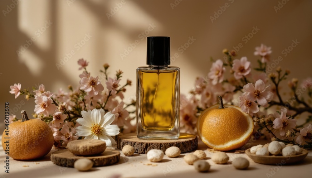 A glass perfume bottle is surrounded by oranges, flowers, and nuts, creating a fresh and natural composition with warm lighting. A glass perfume bottle is surrounded by oranges, flowers, and nuts, creating a fresh and natural composition with warm lighting.