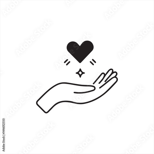 A simple, minimalist black and white vector illustration of a hand with an open palm holding a small, black heart above it.