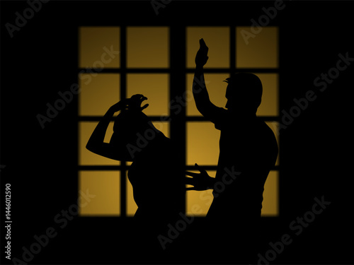Vector illustration of a man hitting his spouse behind the window in their home, domestic abuse, toxic relationship, physical abuse