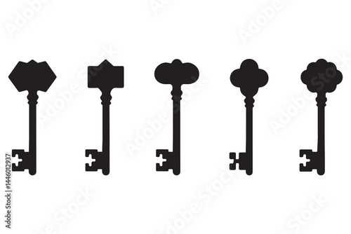 Vintage Skeleton Key Silhouettes Set – Black Vector Icons of Antique Old-Fashioned Keys with Decorative Heads for Security, Lock, Treasure, History, Mystery, and Steampunk Design Concepts
