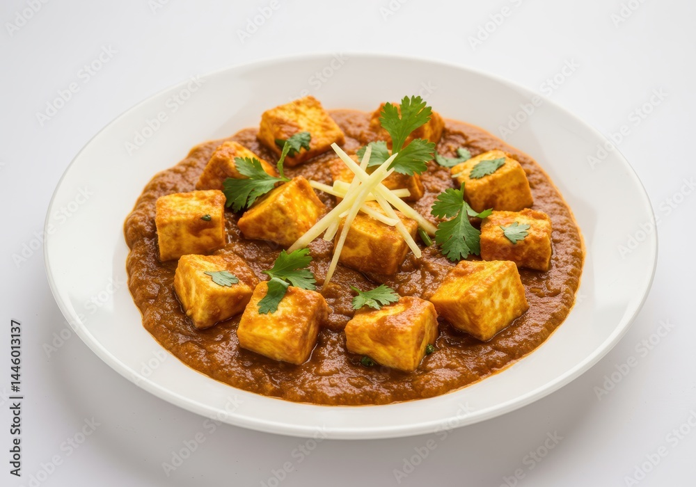 Paneer butter masala dish with ginger strips and cilantro garnish on plate Paneer butter masala dish with ginger strips and cilantro garnish on plate
