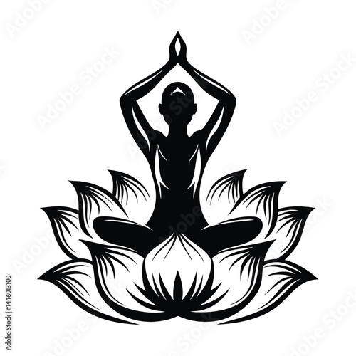 Lotus Flower Meditation Pose Silhouette. Calm Person on Spiritual Flower Art