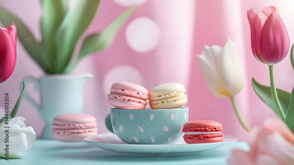Delicate pastel macarons and tulips create a charming still life scene, perfect for spring. Delicate pastel macarons and tulips create a charming still life scene, perfect for spring.