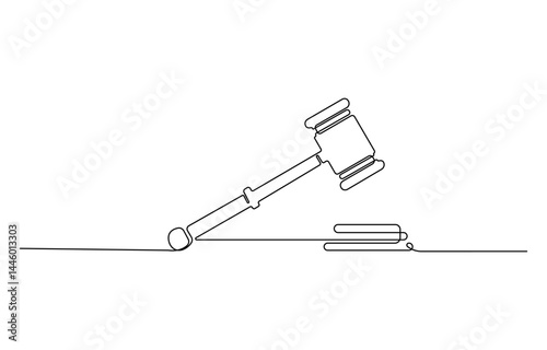 Judge hammer one continuous single line art drawing, of gavel judge law wooden hammer court justice lawyer one line vector illustration.