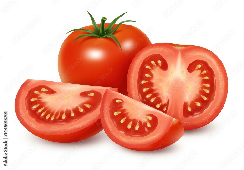 Fresh tomatoes with slices on a white background, showcasing the juicy interior Fresh tomatoes with slices on a white background, showcasing the juicy interior