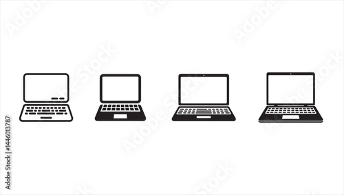Minimalist black and white vector illustration of different laptop. The laptop is are depicted in a flat, icon-like style with a large screen and a keyboard. 