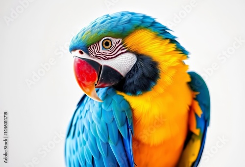 Vibrant blue-and-gold macaw perched on white, exotic bird, blue, macaw