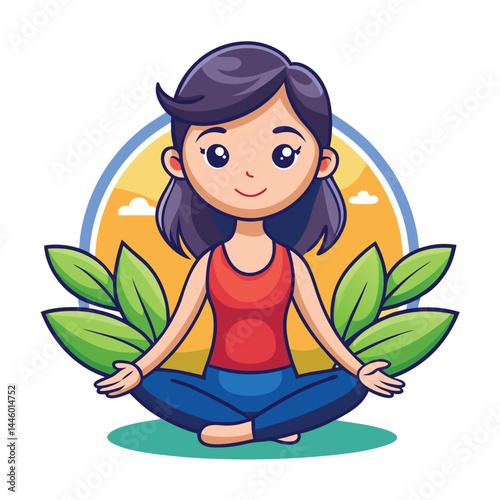 Cartoon Woman Meditating in Lotus Pose with Relaxed Expression, Plants and Sunlight