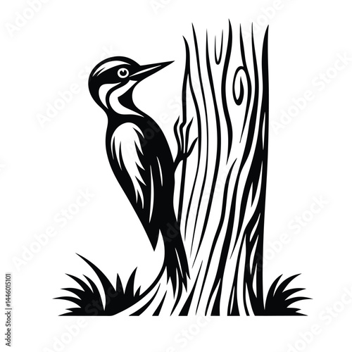 Woodpecker Clinging to Tree Trunk Silhouette, Black and White Bird on Wood