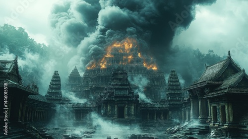Apocalyptic ancient temple complex consumed by fire and thick smoke