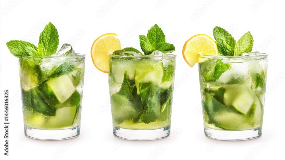 Set of caipirinha mojito cocktail with lemon isolate on white background Set of caipirinha mojito cocktail with lemon isolate on white background