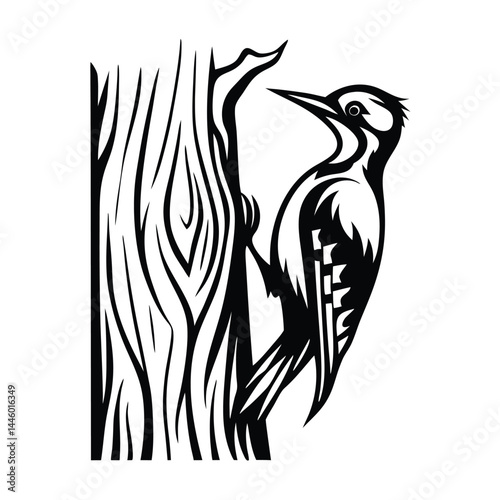 Woodpecker Silhouette Clinging To Tree Trunk Black And White Simple Elegant