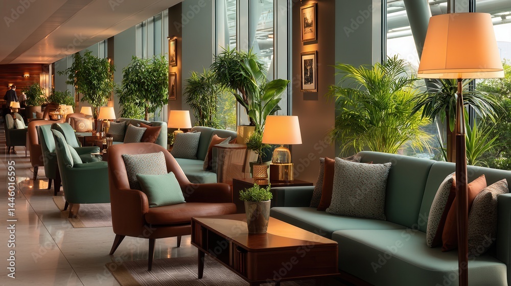 Fototapeta premium Elegant relaxing hotel lounge with lush greenery indoors