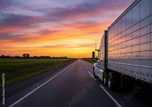 A semi-truck driving down a straight road towards the horizon during a vibrant sunset.