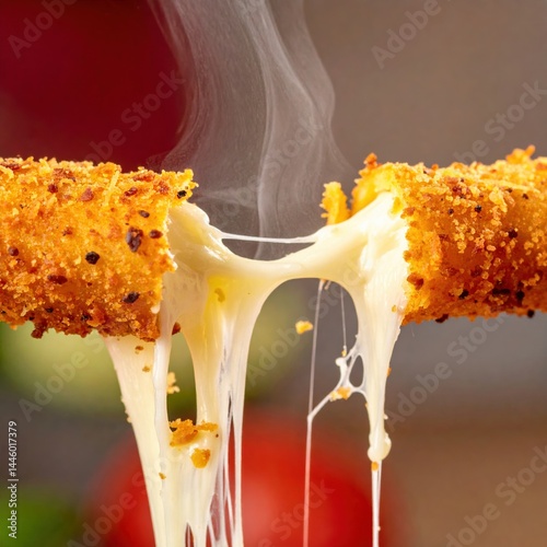 Close-up of cheese-stuffed breadstick with melting mozzarella and crispy coating