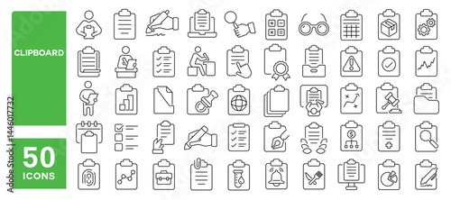Set of 50 line icons related to clipboard, checklist, task, paper, register, document, file, report, petition, contract, Editable stroke. Vector illustration