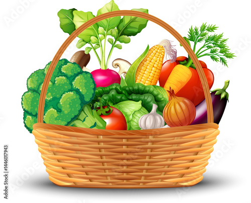 Colorful wicker basket filled with fresh vegetables tomatoes, carrots, and leafy greens. Perfect for farm, organic food, market, and healthy lifestyle designs.