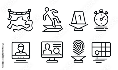 Obstacle course outline icon set – linear style fitness, challenge, and outdoor activity symbols for gym training: map, balance beam, finish flag, stopwatch, video call, biometric scanner.