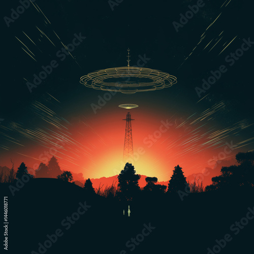 Stylized UFO signal detection with radio antenna and glowing sunset