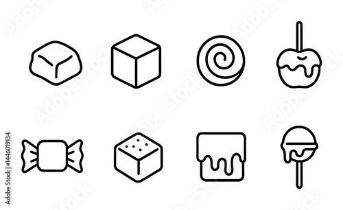 Sweet treats icon set – outline style candy, dessert, and confectionery symbols: chocolate, candy apple, lollipop, cube, wrapped candy, nougat, swirl candy