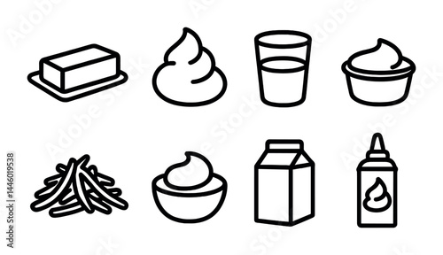 Dairy and condiment icons collection – outline style for food, restaurant, menu design: butter, whipped cream, milk glass, dipping sauce, fries, yogurt cup, milk carton, ketchup bottle.