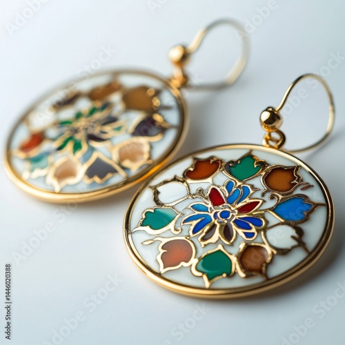 Round enamel earrings with floral design photo