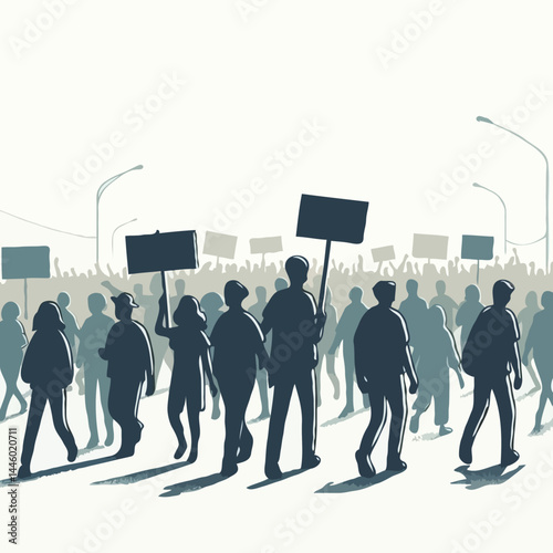 Protest crowd marching with blank signs