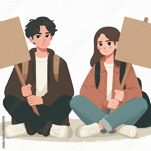  Students sitting with protest signs 