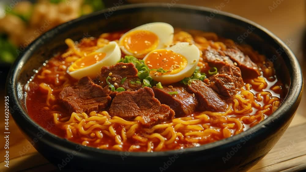 Delicious Bowl of Ramen with Beef and Soft Boiled Egg