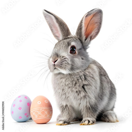 Gray Rabbit with Easter Eggs: A Festive Spring Delight on White Background
