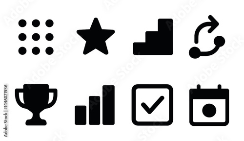 Business management solid icons set – flat style productivity, organization, and workflow symbols for effective planning: tasks, goals, progress, process, trophy, analytics, calendar.