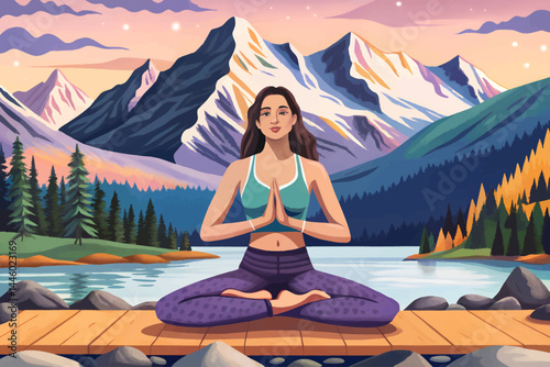 Amazing silhouette fitness girl practicing yoga on mountains vector