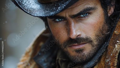 Intense gaze, snowy backdrop.  Man's face close-up