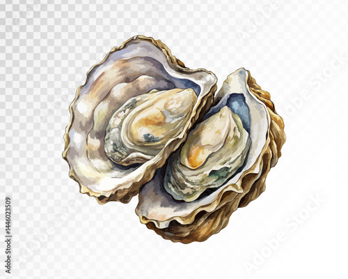 Oysters in shells. Watercolor style. Vector.