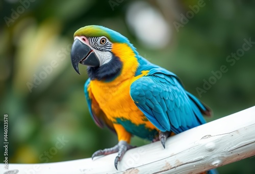 Vibrant blue and gold macaw perched on white, exotic bird, isolated, colorful bird