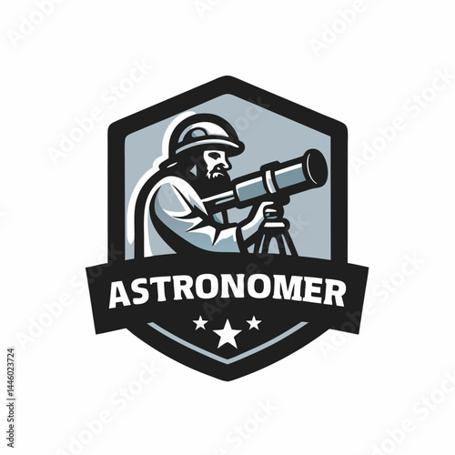 An astronomer mascot emblem. Astronomers club logo. Flat style. Vector illustration on white background.