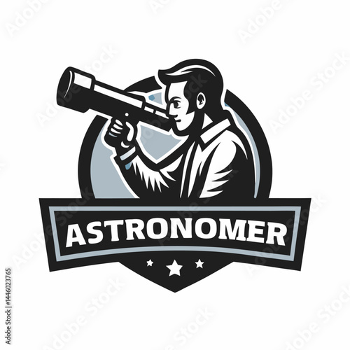 An astronomer mascot emblem. Astronomers club logo. Flat style. Vector illustration on white background.