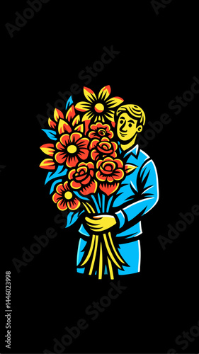Hand drawn a florist holding a bouquet of flowers colorful image. Vintage style. Vector illustration.