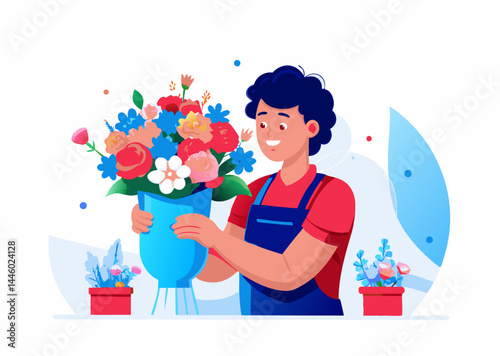 A florist holding a bouquet of flowers image. Cartoon style. Vector illustration.