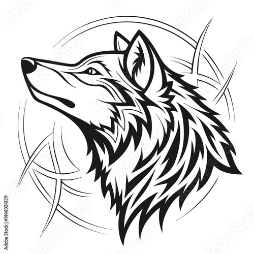 Detailed Silhouette of a Wolf Head, Profile View with Abstract Circular Elements