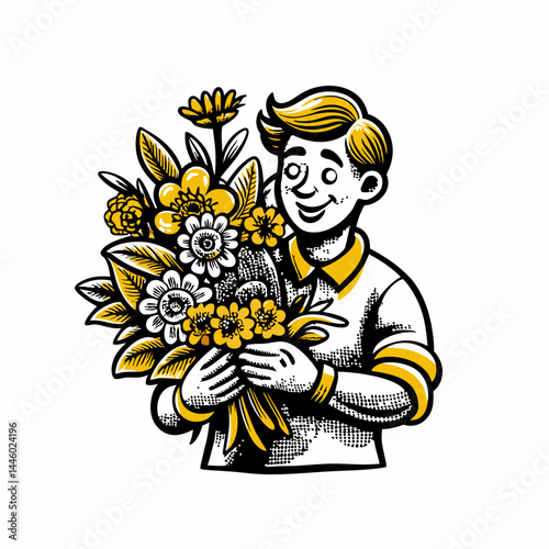 Hand drawn a florist holding a bouquet of flowers image. Flat image isolated on white background. Vector illustration.