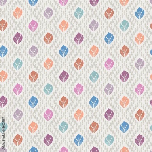 Pastel Colors of Block Print Tulips in a Diamond Textured Shape on an Eggshell Background creating a seamless pattern print