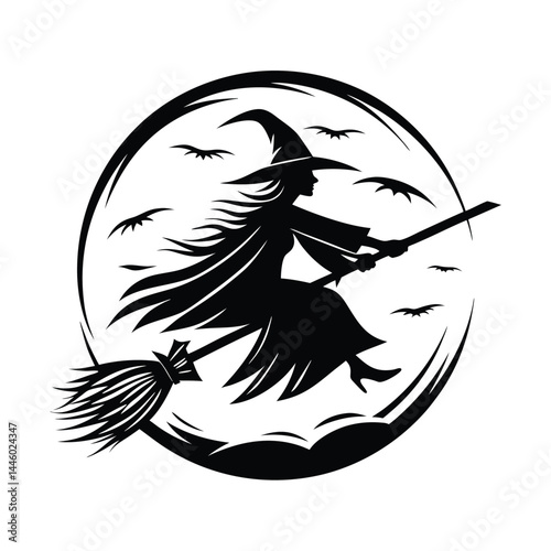 Flying Witch Silhouette on Broomstick with Bats in Circle, Black and White Isolated