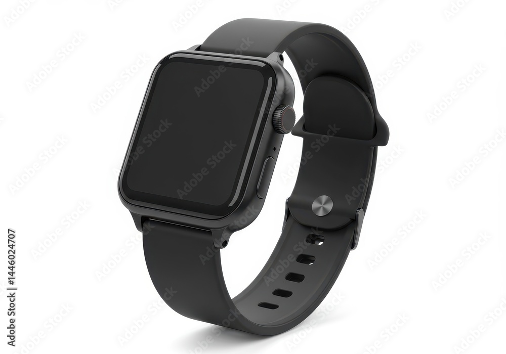 Black smartwatch with square face and rubber strap on white background Black smartwatch with square face and rubber strap on white background