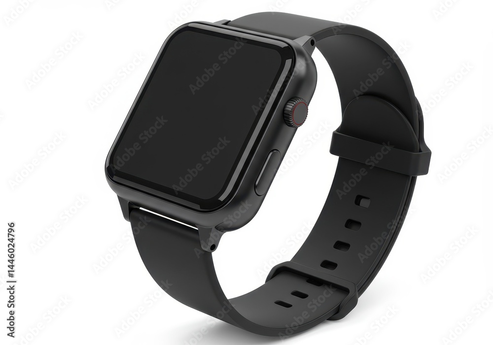 Black smartwatch with a blank screen and a rubber strap on a white background Black smartwatch with a blank screen and a rubber strap on a white background