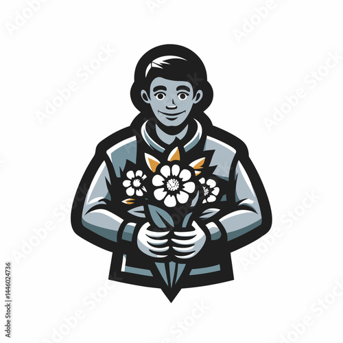 A florist with a bouquet of flowers image. Flower shop emblem. Flat style. Vector illustration.