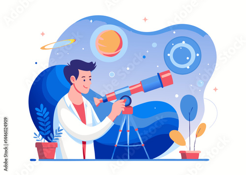 An astronomer observing the sky image. Cartoon style. Vector illustration.