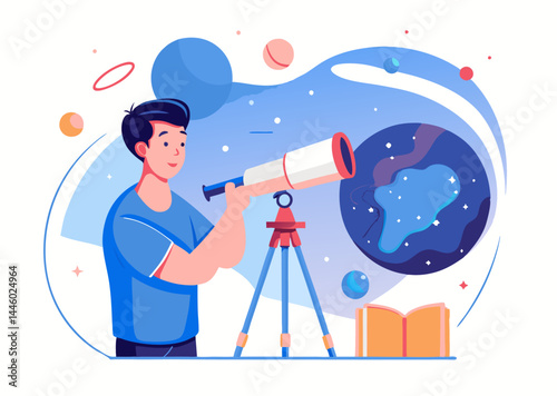 An astronomer observing the sky image. Cartoon style. Vector illustration.