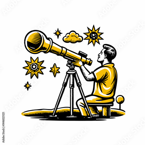 Hand drawn an astronomer observing the sky image. Flat image isolated on white background. Vector illustration.